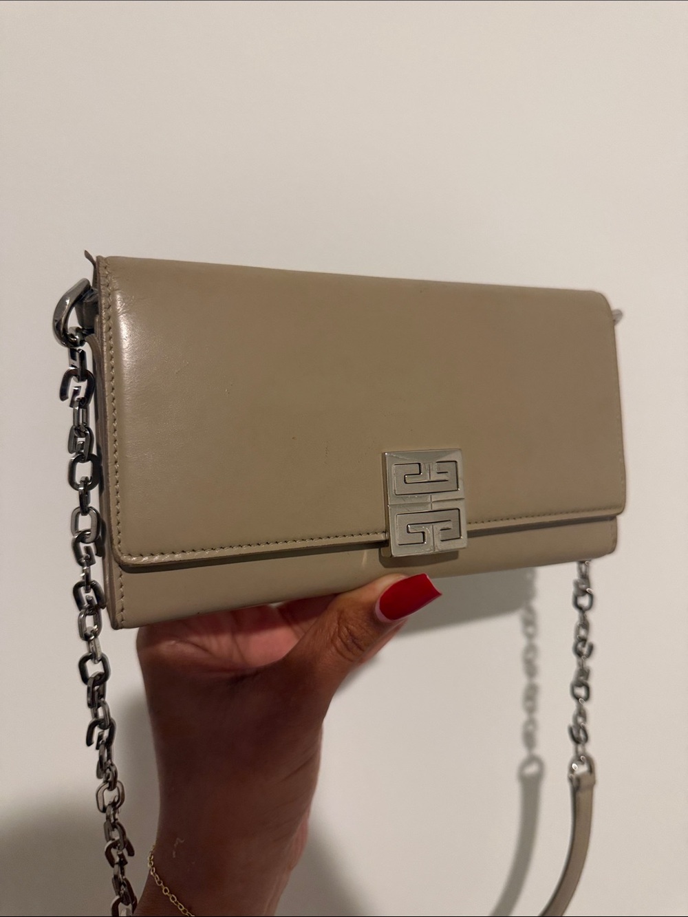Givenchy Leather 4G Crossbody Wallet on chain Taupe Beige with Silver Hardware
